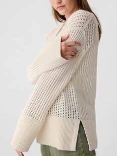 Soft crochet knit. Dropped shoulder, long sleeves with ribbed, banded cuffs. Ribbed V-neck. Ribbed, banded hem. #446437 Soft Crochet, V Neck Sweater, Vneck Sweater, Drop Shoulder, Neck Sweater, Gap, V Neck, Band, Knitting