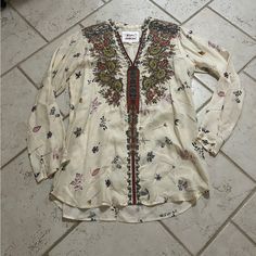 Excellent Condition Size Small Spring Embellished Long Sleeve Blouse, Bohemian Blouse With Multicolor Embroidery And Print, Multicolor Embroidered Boho Collar Blouse, Multicolor Embroidered Blouse With Boho Collar, Bohemian Embellished V-neck Blouse, Casual Long Sleeve Blouse With Intricate Embroidery, Traditional Embellished Long Sleeve Tops, Traditional Long Sleeve Embellished Tops, Traditional Embellished Tops For Spring