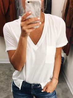 BestDealFriday Short Sleeve White Women Tops Cotton-Blend Casual V Neck Tops White Top Women, Pocket Tee Shirts, Women's Outfits By Occasions, Plus Size Shorts, Online Tops, Pocket Tee, Women Tops, V Neck Tops, Cotton Tops