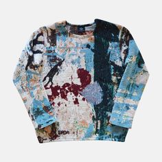 Multicolor Cotton Jacquard Knit Sweater, Oversized Multicolor Wool Sweater, Oversized Multicolor Jacquard Knit Sweater, Fitted Multicolor Crew Neck Sweater, Multicolor Wool Sweater, Fitted Multicolor Cotton Sweater, Artistic Oversized Fall Tops, Artistic Long Sleeve Sweatshirt For Winter, Artistic Long Sleeve Winter Sweatshirt