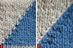 two pictures showing how to crochet the diagonal stitchs on a knitted blanket