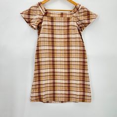 Mo:Vint Anthropologie Plaid Neutral Off The Shoulder Lined Dress Women's Xs Latte Color Nwt Beige Short Sleeve Mini Dress For Fall, Chic Brown Cotton Dress, Brown Short Sleeve Day Dress, Beige Mini Dress With Short Sleeves For Fall, Casual Square Neck Plaid Dress For Fall, Brown Short Sleeve Mini Dress For Fall, Casual Plaid Dress With Square Neck For Fall, Fall Beige Mini Dress With Square Neck, Beige Square Neck Mini Dress For Fall