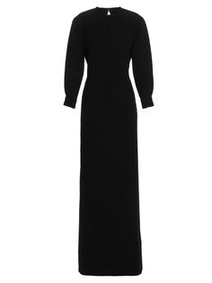 Armure Lourd' double crêpe wool dress with open back detailing, a bow on the back, a hook closure on the neck and a zip at the back, long sleeves, back vent, and padded shoulders. Composition: 100% wool Long Sleeve Midi Dress With Back Zipper For Evening, Formal Long Sleeve Maxi Dress With Flattering Silhouette, Elegant Long Sleeve Dresses With Structured Boning, Elegant Long Sleeve Maxi Dress With Back Zipper, Evening Dress With Long Sleeves And Back Zipper, Evening Dress With Structured Boning And Long Sleeves, Fall Evening Dress With Structured Boning, Formal Long Sleeve Midi Dress With Back Zipper, Fall Evening Midi Dress With Back Zipper