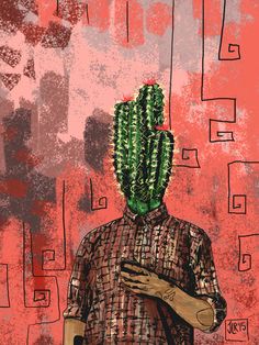 a painting of a man with a cactus on his head