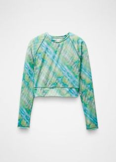 a green and blue tie - dyed cropped sweatshirt with long sleeves, on a white background