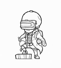 a black and white drawing of a person with a helmet on, holding a box