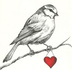 a drawing of a bird sitting on a branch with a red heart hanging from it