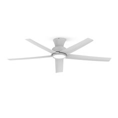 a white ceiling fan with four blades on it's blade and two light bulbs