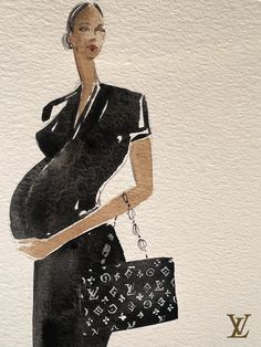 a painting of a pregnant woman holding a louis vuitton handbag and purse