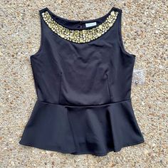 Nwt Bisou Bisou By Michele Bohbut Black Sleeveless Peplum Top With Embellished Yellow Gold Crystals Surrounding The Neckline Size L Please Refer To Photos For Measurements. Body 90% Polyester, 10% Spandex Lining 100% Polyester Nwt. No Rips Stains Or Holes Sleeveless Embellished Blouse For Night Out, Sleeveless Peplum Top For Spring Party, Sleeveless Peplum Top For Evening, Elegant Sleeveless Peplum Top For Party, Chic Sleeveless Peplum Top For Night Out, Chic Sleeveless Peplum Top For Party, Chic Embellished Tank Top, Spring Sleeveless Peplum Top For Night Out, Black Sleeveless Peplum Top For Spring