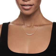 Ross-Simons - 1.00ct t. w. Diamond Curved Bar Necklace in 14kt Yellow Gold. 16". Boasting classic sparkle in a modern and minimalist design, our superb necklace beams with 1.00 ct. t. w. round brilliant-cut diamonds in an elegant curve. Crafted in polished 14kt yellow gold and stationed on a cable chain with a 2" extender. A fabulous signature piece for daily wear! Graduates from 1/16" to 3/16" wide. Springring clasp, diamond curved bar necklace. Diamond birthstones are the perfect gift for Apri Tennis Necklace Diamond, Diamond Infinity Necklace, Byzantine Necklace, Curved Bar Necklace, Pave Diamond Earrings, Diamond Heart Pendant Necklace, Diamond Tennis Necklace, Diamond Evil Eye, Curved Bar