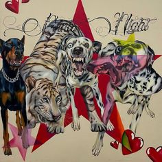 a painting of three dogs on a wall with hearts and stars in the back ground