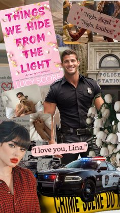 a collage of photos with police officers in the background and signs reading things we hide from the light, i love you, linda