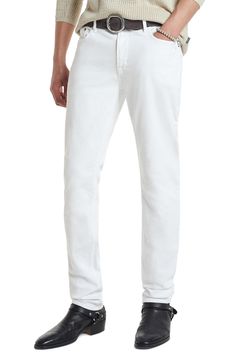 Classic yet rebellious, these slim-fitting jeans are crafted from premium stretch denim in a tonal white wash. 99% cotton, 1% elastane Machine wash, tumble dry Imported Classic White Straight Fit Jeans, Fitted White Jeans With Five Pockets, Classic White Stretch Jeans, White Fitted Mid-rise Jeans, White Mid-rise Fitted Jeans, Classic White Slim Fit Jeans, White Classic Slim Fit Jeans, White Straight Fit Jeans With Five Pockets, White Straight Fit Mid-rise Jeans