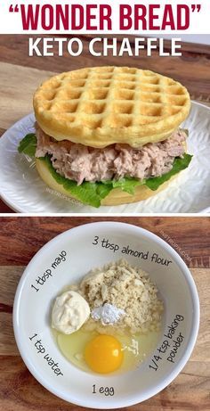 two plates with waffles, eggs and meat on them are labeled wonder bread keto chaffle