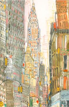 this is an image of a cityscape drawn with colored pencils