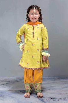 Shalwar Designs, Denim Kurti, Shalwar Design, Lemon Yellow Color, Embroidered Trousers, Punjabi Suits Designer Boutique, Pakistani Designer Clothes, Pearl Work, Dress For Kids