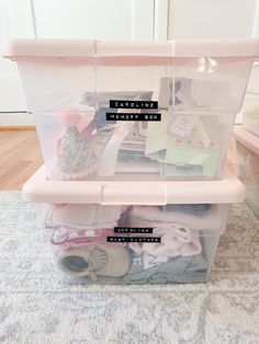 a plastic storage container filled with lots of items