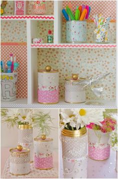 some jars with flowers in them on a shelf