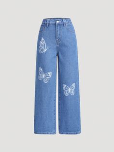 Tween Girls Street Style Butterfly Print Casual Loose Straight Leg Jeans Medium Wash    Denim Butterfly Wide Leg Non-Stretch  Tween Girls Clothing, size features are:Bust: ,Length: ,Sleeve Length: Butterfly Jeans Outfit, Pants With Designs, Cute Baggy Jeans, Denim Butterfly, Butterfly Outfit, Butterfly Jeans, Preppy Pants, Butterfly Pants, Printed Denim Pants