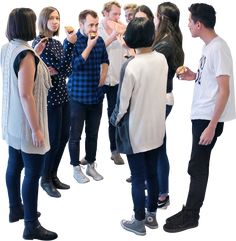 a group of people standing around each other eating donuts and drinking sodas in front of them