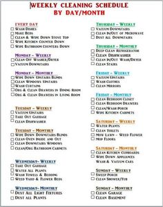 the weekly cleaning schedule is shown in this printable version, with instructions for each month