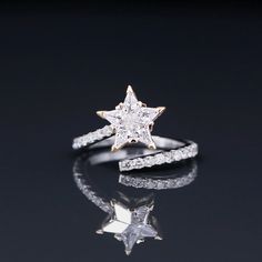 Yates Reach for the stars with this beauty! This gorgeous piece is crafted from rich 14k yellow and white gold. The incredible diamond are precisly cut to fit perfectly with one another. The diamond covered band wraps around your finger with ease. Say hello to your new statement piece! Star Shaped Diamond Ring, Star Diamond Ring Engagement, Star Shaped Wedding Rings, Star Shaped Ring, Star Rings Jewelry, Star Shaped Engagement Ring, Diamond Star Ring, Star Wedding Ring, Star Engagement Ring