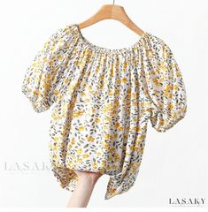 Lasaky - Loose Fit Floral Print Cotton Blouse with Batwing Sleeves and Off-Shoulder Design White Off-shoulder Blouse For Spring, Yellow Printed Summer Blouse, Yellow Summer Printed Blouse, Yellow Printed Blouse For Summer, Casual Yellow Off-shoulder Top, Printed Yellow Summer Tops, Yellow Floral Print Blouse For Vacation, Fitted Floral Print Blouse For Summer, Yellow Floral Print Blouse For Day Out