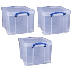 three plastic storage containers with handles on each side and two blue handles on the other