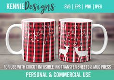 two coffee mugs with red and white designs on them, one has a deer and the other is a tree