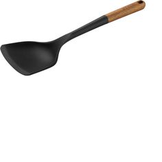 a black spatula with wooden handle on a white background