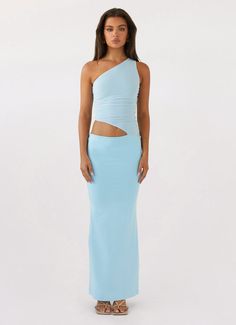 One Shoulder Maxi Dress, Jersey Skirt, Blue Colour, Dress First, Night Club, Sky Blue, Blue Sky, Bodice, One Shoulder