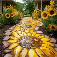 a pathway made out of stones with sunflowers in the background