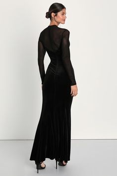 Everyone will be talking about your captivating look in the Lulus Alluring Fixation Black Velvet Mesh Long Sleeve Maxi Dress! This irresistible dress features a sheer mesh dÃ©colletage that rises to a mock-style neckline, shapes long fitted sleeves, and creates a U-shaped insert at the center of the plush velvet bodice. A matching velvet mermaid skirt flatters your curves just right as it falls to a dramatic maxi hem. Sheer mesh V-back completes the sultry look! Hidden back zipper/clasp. Fit: Th Long Sleeve Mesh Evening Dress, Formal Dress With Mesh Sleeves, Long Sleeve Mesh Dress For Evening, Evening Mesh Dress With Sheer Sleeves And Bodycon Fit, Bodycon Mesh Dress With Sheer Sleeves For Evening, Fitted Maxi Dress With Illusion Neckline For Prom, Evening Bodycon Mesh Dress With Sheer Back, Evening Mesh Dress With Sheer Back, Black Fitted Mesh Dress For Prom