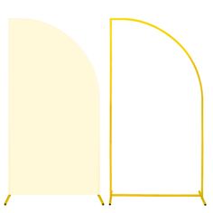 an arch stands next to a tall white sheet on a yellow stand with two legs