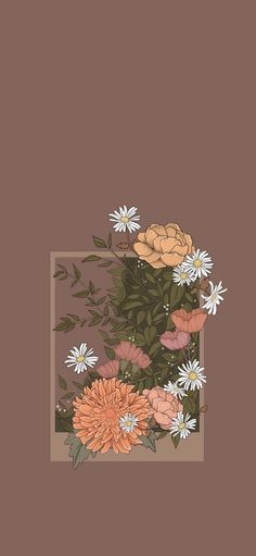 an illustration of flowers in a vase on a brown background with white daisies and green leaves