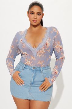 Available In Blue/combo. Bodysuit Deep V-Neck Long Sleeve Lace Trim Floral Print Cheeky Bottom Snap Button Closure Mesh Stretch Final Sale Disclaimer Print Placement May Vary Self: 90% Polyester 10% Spandex Imported | Sweetest Touch Mesh Bodysuit in Blue size XS by Fashion Nova Mesh Bodysuit, Print Placement, Long Sleeve Lace, Deep V Neck, Snap Button, Lace Trim, Fashion Nova, Final Sale, Floral Print