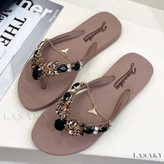 Lasaky - Leopard Print Flat Sandals with Chain and Tail Detail for Outdoor Wear. Leopard Print Sandals, Chic Flats, Leopard Print Flats, Suede High Heels, Outer Wear, Beach Flip Flops, Open Toe Shoes, Comfortable Flats, Luggage Sets