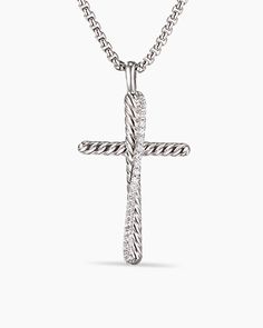 David Yurman | Crossover Cross Necklace in Sterling Silver with Pavé Diamonds Timeless Silver Cross Pendant Necklace, White Gold Necklace With Large Cross Pendant, Silver Diamond Necklace With Cable Chain, Silver Diamond Necklace With Pendant On Cable Chain, White Gold Large Cross Pendant Jewelry, Timeless Sterling Silver Cross Pendant Necklace, White Gold Cross Pendant Necklace With Box Chain, White Gold Necklace With Box Chain And Cross Pendant, White Gold Necklace With Cross Pendant And Box Chain