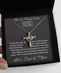 "Cross Necklace For Son | Gift For Son | To My Son Cross Necklace | Son Necklace | Birthday Gift For Son | Card Gift For Son From Mom And Dad - Cross Dancing Necklace: Weight: 0.14 oz Stunning .925 Sterling Silver necklace.  AAAA grade cubic zirconia jewels set throughout the cross. Featuring a \"dancing stone\" centerpiece that is a large AAAA grade cubic zirconia stone. The gold heart is triple plated in 14K gold. Polished to perfection. The pendant is 1 inch (25mm) in length and 0.85 inch (21 Cross Necklace For Birthday And Mother's Day, Cross Necklaces For Birthday And Mother's Day, For Son From Mom, Son Necklace, Birthday Gift For Son, Dance Necklace, To My Son, Friend Mugs, Son Gift