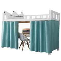 a white bunk bed with blue curtains and a desk