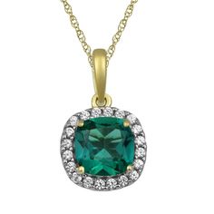 10K yellow gold halo pendant with one 6 millimeter cushion shaped lab created emerald and twenty 1.1 millimeter round lab created white sapphires 18 inch 10K yellow gold rope chain | Lab Created Emerald & White Sapphire Pendant Necklace | 10K Yellow Gold | Size 18" | Helzberg Diamonds Yellow Gold Jewelry With Halo For May Birthstone, May Birthstone Halo Jewelry For Formal Occasions, Formal Halo Jewelry For May Birthstone, Cushion Cut May Birthstone Jewelry With Prong Setting, Classic Halo Jewelry For May Birthstone, Sapphire Pendant Necklace, Sapphire Necklace Pendants, Helzberg Diamonds, Lab Created Emerald