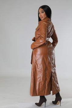 Trendy Long Faux Leather Coat, Spring Faux Leather Belted Outerwear, Fitted Faux Leather Long Coat, Leather Jacket With Belted Cuffs, Fitted Long Coat In Faux Leather, Fitted Long Faux Leather Coat, Fall Faux Leather Outerwear In Solid Color, Fall Faux Leather Outerwear, Solid Faux Leather Outerwear With Button Closure