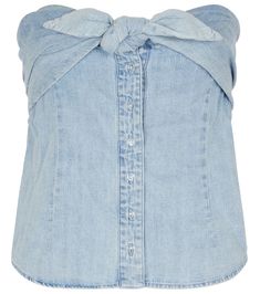 The Leia top from RtA takes the form of strapless denim shirt, but is cleverly fitted with a mesh bustier on the inside for support and comfort. It's made from cotton in a light blue wash that recalls vintage jeans styles from the '80s and '90s. Vintage Jeans Style, Denim Bustier, Oversized Silhouette, Vintage Jeans, Denim Vest, Denim Shirt, Denim Button Up, Button Up Shirts, Sleeveless Top