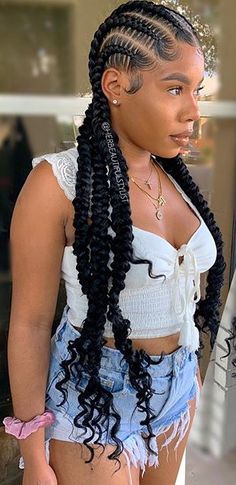 Faux Bun With Braiding Hair, Braids On Latinas Hairstyles, 4 Corn Row Braids, Summertime Braids For Black Women, Feed In Braids With Curls, Feed In Styles, Hairstyles For Black Women Color, Hairstyles For Black Women Twist, Hairstyles For Black Women Updo