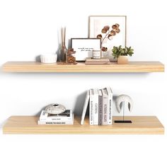 two wooden shelves with books and other items on them