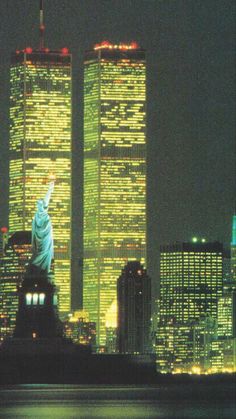 the statue of liberty is lit up at night in new york city's financial district