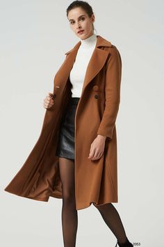 Elegant Brown Winter Outerwear, Long Brown Wool Coat For Office, Brown Long Coat For Office, Camel Long Wool Coat For Workwear, Long Camel Wool Coat For Work, Brown Long Wool Coat With Double Button Closure, Chic Brown Long Wool Coat, Chic Brown Long Sweater Coat, Chic Brown Wool Sweater Coat