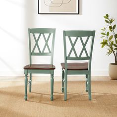 two chairs sitting next to each other in front of a wall with a plant on it