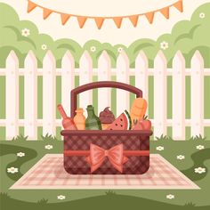 a picnic basket filled with food sitting on top of a blanket in front of a fence